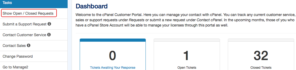 The Dashboard interface in the cPanel Customer Portal.